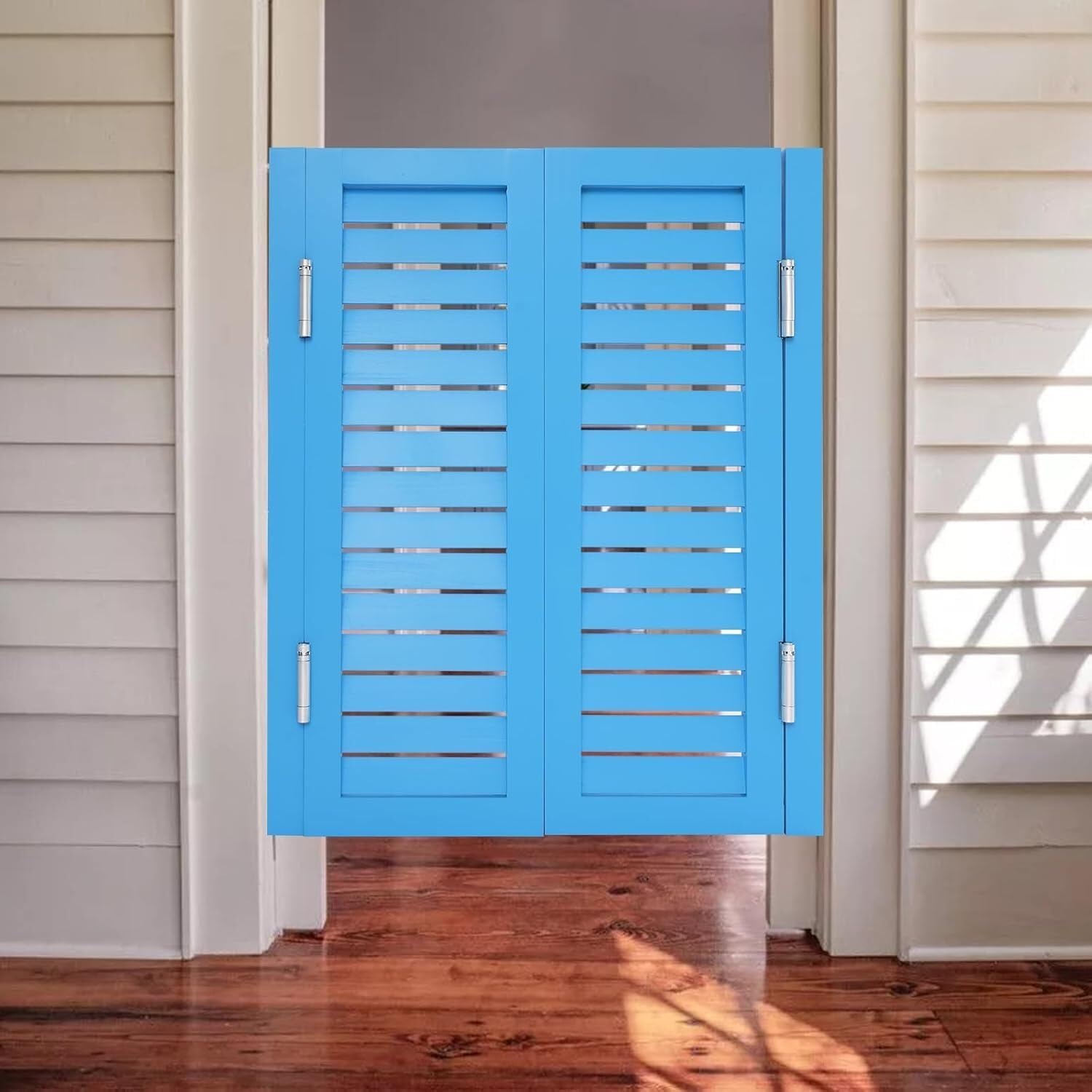 Durable Solid Wood Cafe Swinging Doors with Metal Hinges - Stylish Interior Saloon Doors for Kitchen, Bar, or Hallway Entrance Partition, Light Blue, W85 x H80 cm (33.3 x 31.4 in)