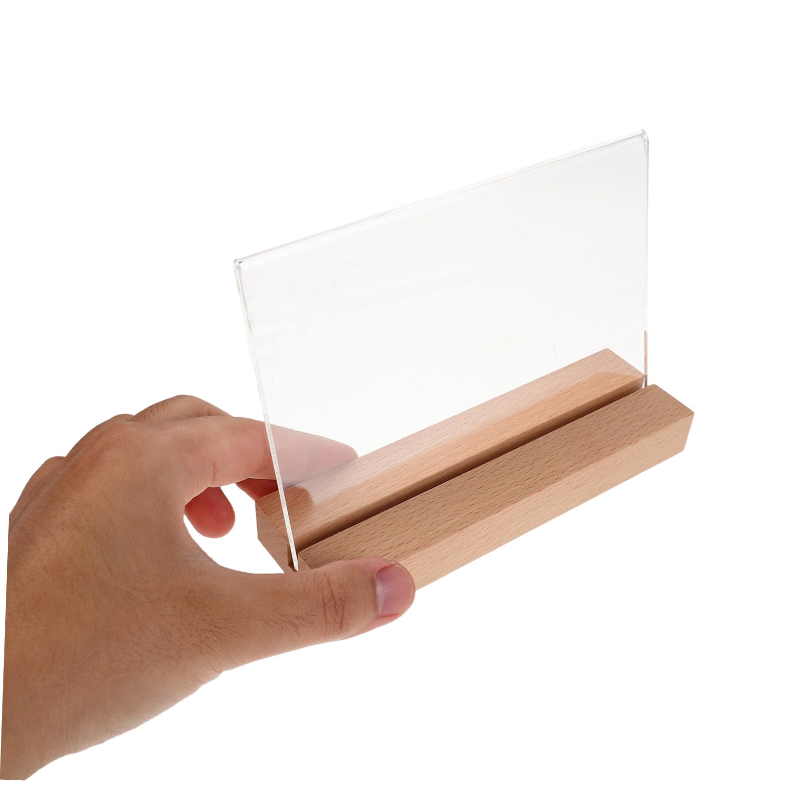 VILLCASE Soporte Para Portamenús Acrílico Transparente Horizontal Con Base De Madera Natural, Expositor De Sobremesa Para Restaurantes, Cafés y Eventos, Pack 5 Unidades A6