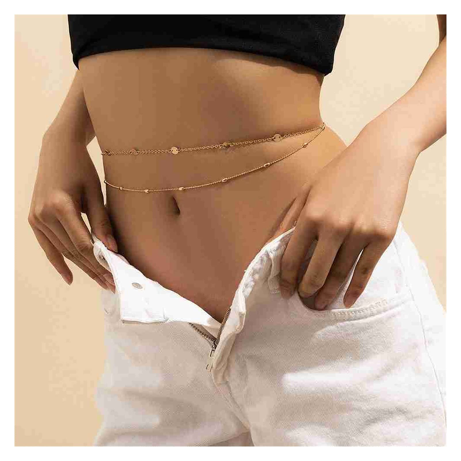 Body Chain Damen Kette - Goldfarbene einfache Strandkette mit Kreuzband für Taille und Bauch - Schwarze Harnaskette - Edler Schmuck für Damen - Accessoires