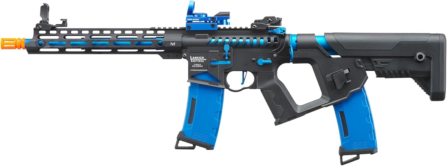 Lancer Tactical Proline Enforcer Bluebird Skeleton Steel Airsoft AEG Adjustable Stock w/Fast Trigger & Mosfet (Red Dot & Two Magazines Included)