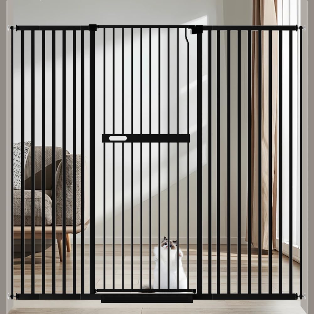 71" Extra Tall Cat Pet Gate for Doorways Indoor Proof,29.92-61.42" Wide Tall Dog Puppy Safety Baby Gate for Cat Pet, Pressure Mounted No Drill Walk Through Black Metal