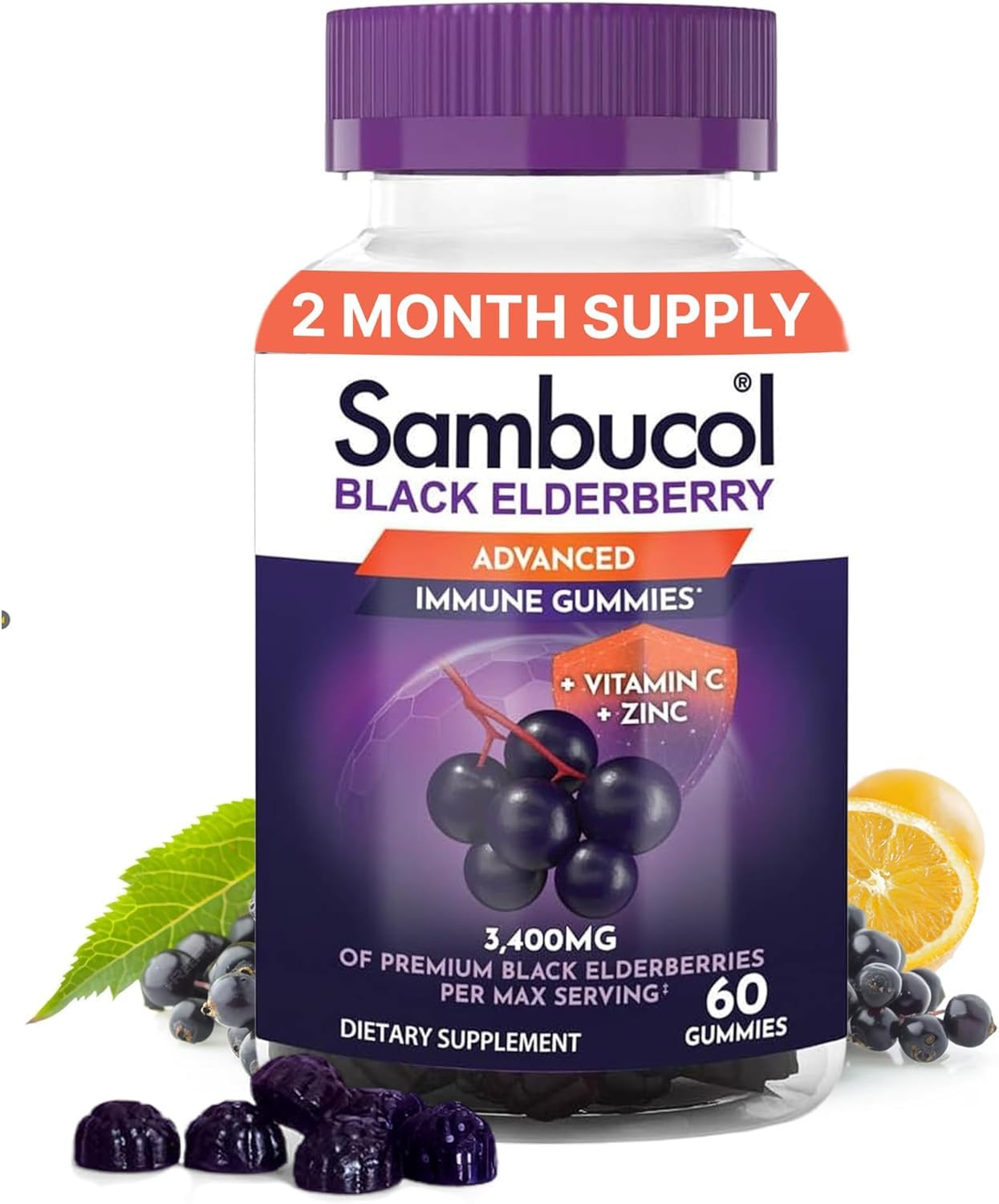 Black Elderberry Gummies with Vitamin C & Zinc - Sambucus Elderberry Gummies for Immune Support, High Antioxidants, Gluten Free, Vegan, Elderberry with Zinc & Vitamin C for Adults - 60 Count