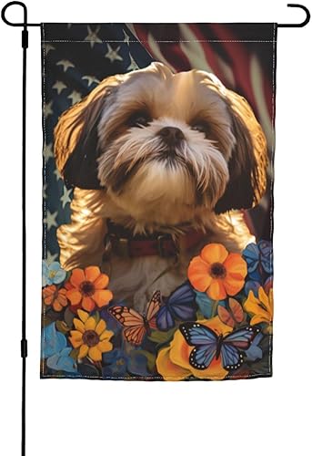 Miniatura 1 de Bandera de jardín Shih Tzu Dogs - Bandera de Estados Unidos con diseño de girasol, 12 x 18 pulgadas, doble cara, decoración de patio al aire libre