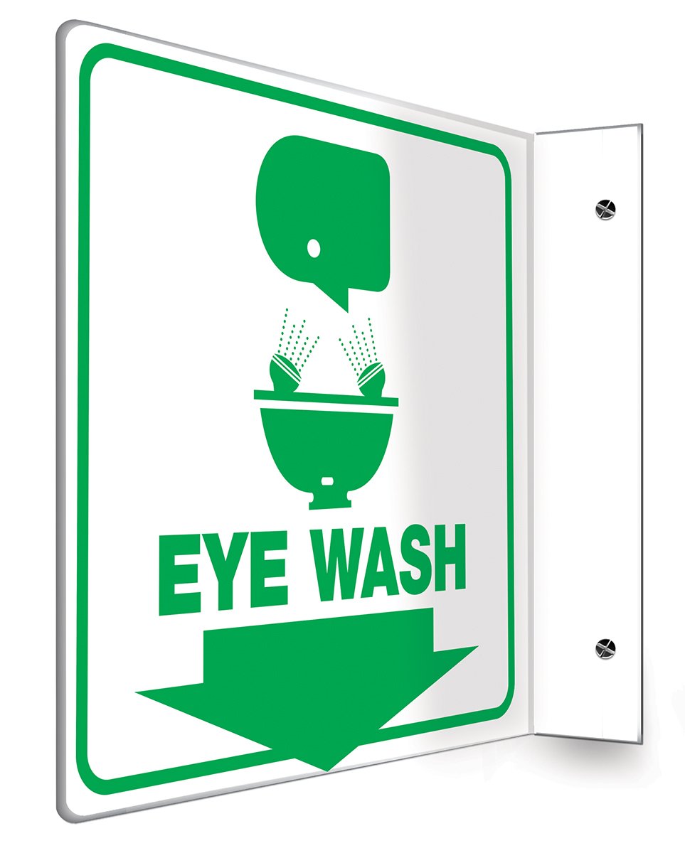 Accuform PSP702 Projection Sign 90D, "Eye WASH (Arrow Down)" with Graphic, 8" x 8" Panel, 0.10" Thick High-Impact Plastic, Pre-Drilled Mounting Holes, Green on White