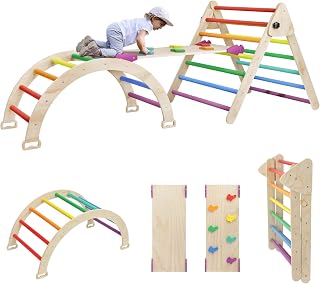 EDOSTORY 5 in 1 Pikler Triangle Set, Indoor Playground and Gym for Kids, Foldable Wooden Montessori Climbing Set Triangle Ladder Set with Slide and Climbing Ramp, Gift for Boys Girls(Rainbow)
