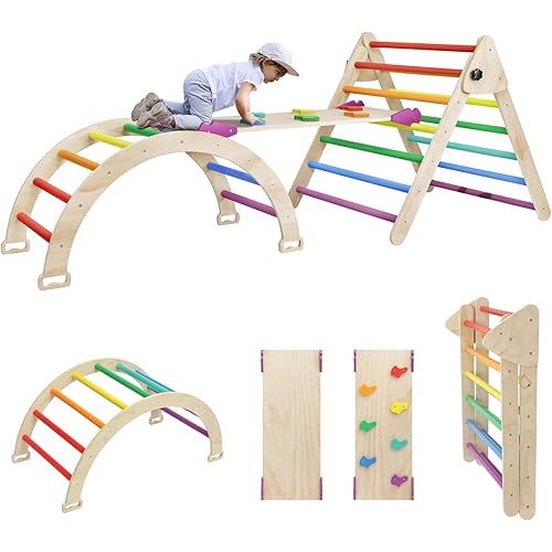 5 in 1 Pikler Triangle Set, Indoor Playground and Gym for Kids, Foldable Wooden Montessori Climbing Set Triangle Ladder Set with Slide and Climbing Ramp, Gift for Boys Girls(Rainbow)