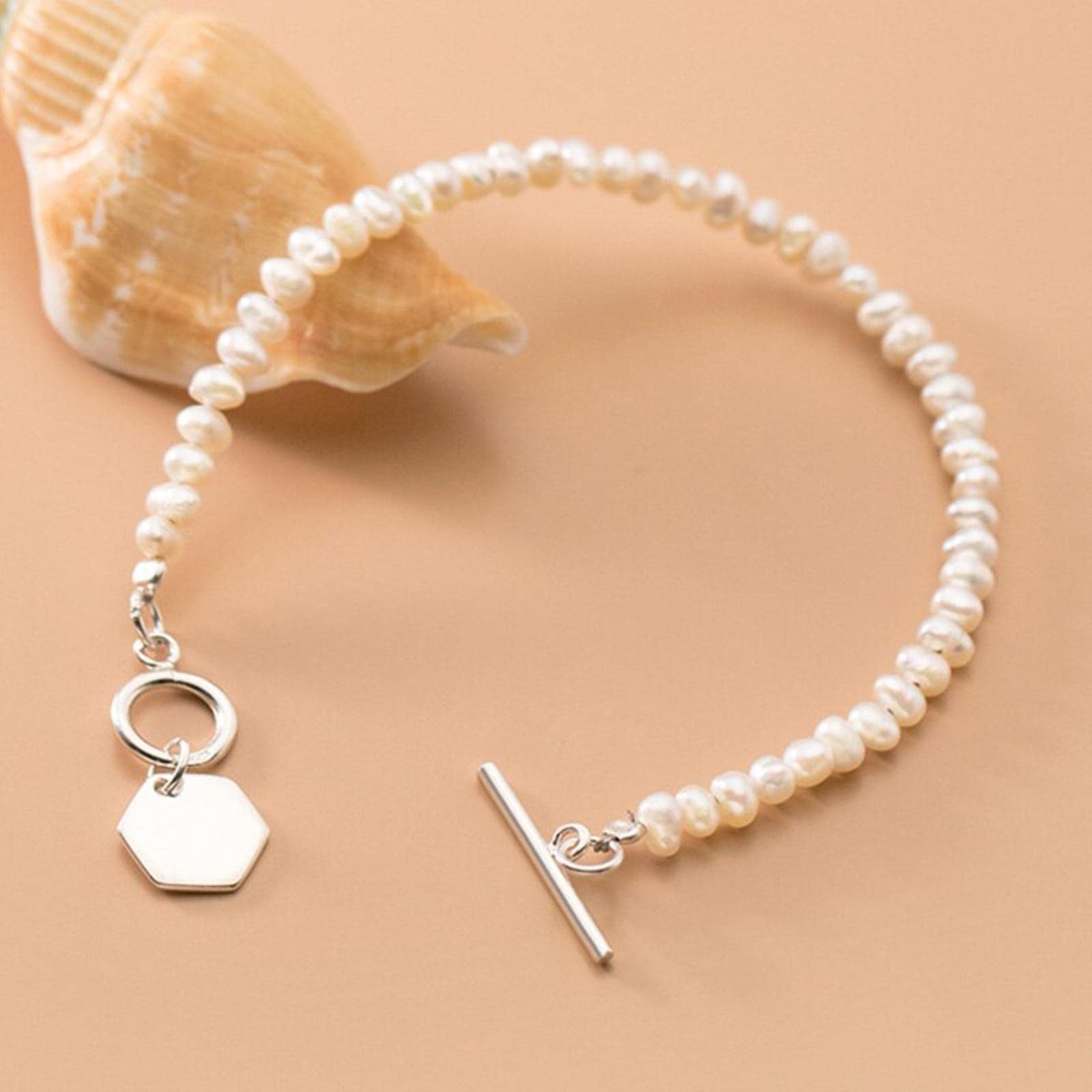 Bracciale A Catena Esagonale in Argento Sterling 925 con Perle Naturali Dolci per Gioielli da Sposa in Argento Sterling da Donna