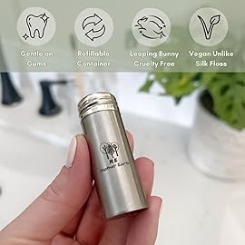 Vegan Biodegradable Bamboo Charcoal Dental Floss with Refillable Stainless Steel Container | 33yds x2 | Extra Floss Refill | Natural Candelilla Wax | Peppermint | Eco Zero Waste Oral Care