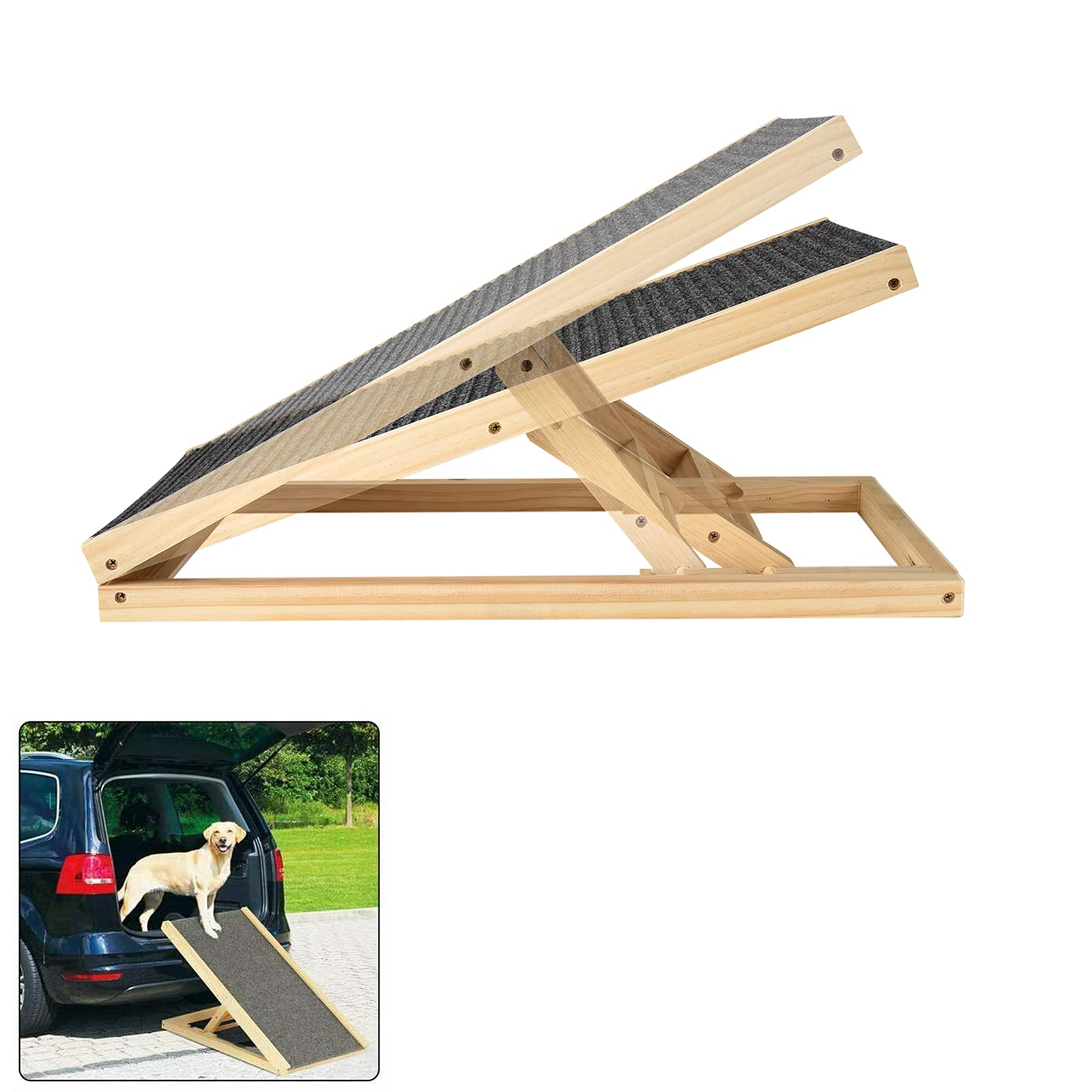 Rampa para perros independiente para interiores y exteriores, de madera auténtica, con 2 alturas ajustables y alfombra antideslizante, diseño portátil plegable para cama o sofá, 70 x 35 cm