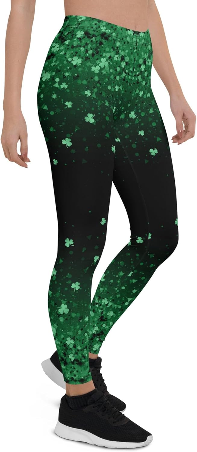 FIERCEPULSE St. Patrick's Day Glitter Print Leggings for Women - Stretchy Pants Printed Leggings for Workout & Exercise