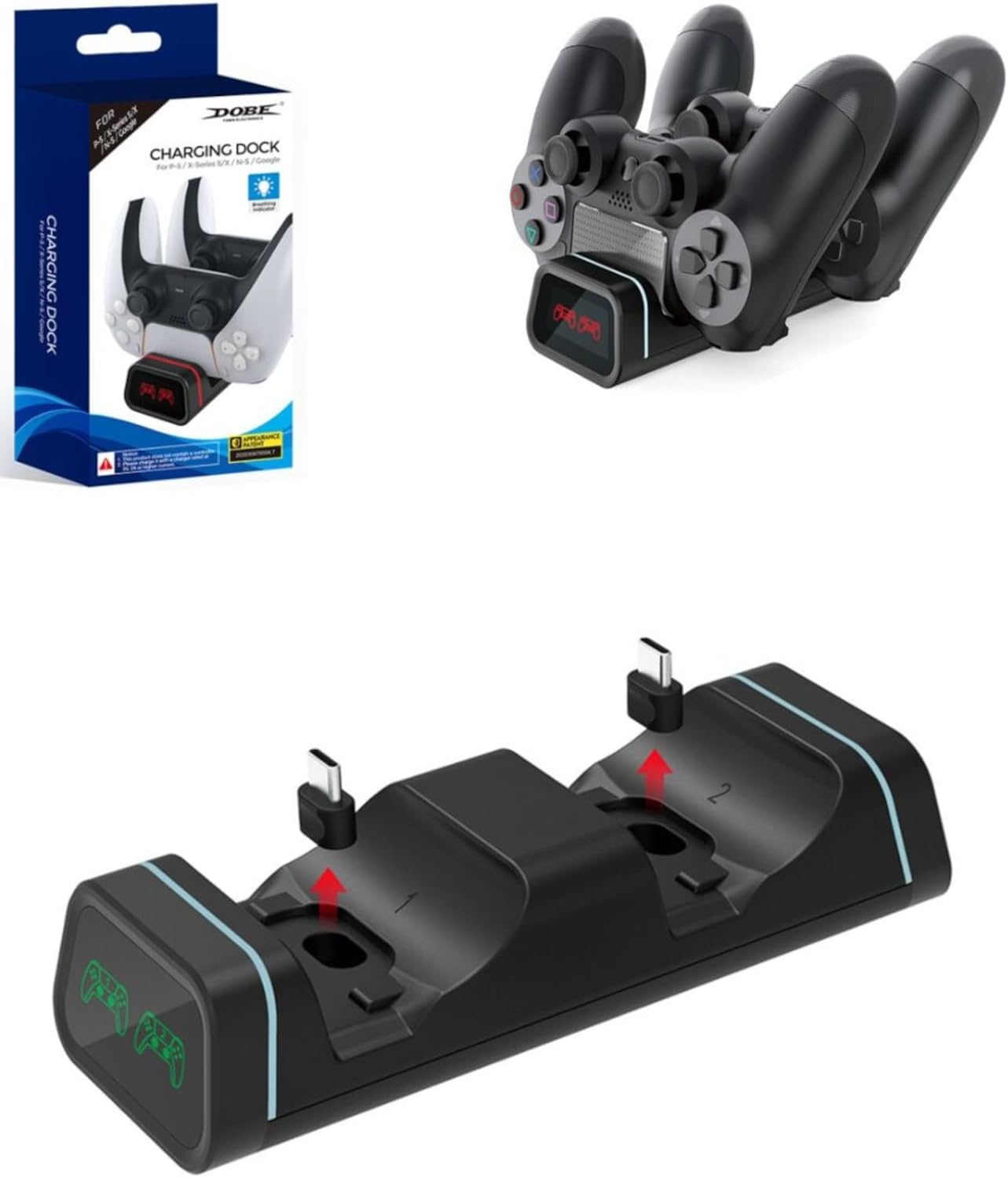 Universal Dual Controller Charging Dock โ Compatible with PS5, Xbox Series X/S and Switch Pro Controllers โ USB-C Fast Charger with LED Indicators