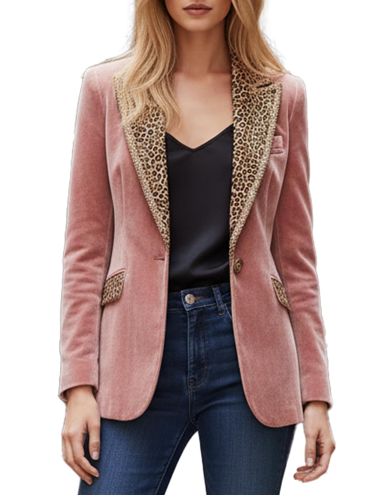 Womens Pink Velvet Leopard Print Blazer One-Button Tailored Lapel Jacket for Work Office Business Casual Outfits