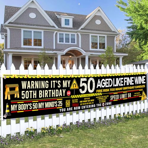 50th Birthday Yard Banner Decorations - Over The Hill Caution Garden Party Outdoor Yard Sign for Men Women Its My 50th Birthday Supplies 118 x 20 Inches Funny 50 Year Old Bday Decor
