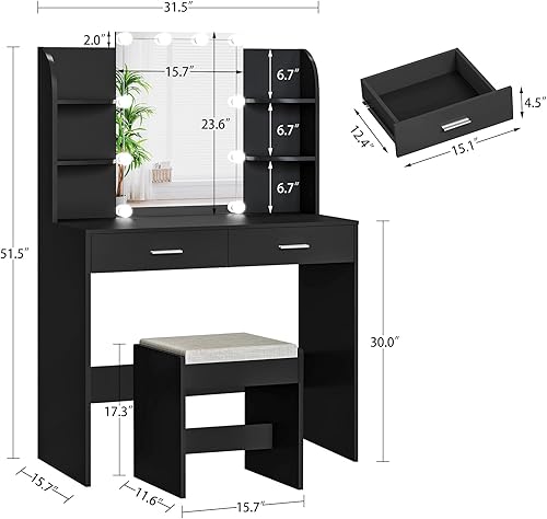 Miniatura 16 de usikey Juego de tocador grande con espejo iluminado y estación de carga, tocador de maquillaje con 4 estantes de almacenamiento y 4 cajones, 43.5"W