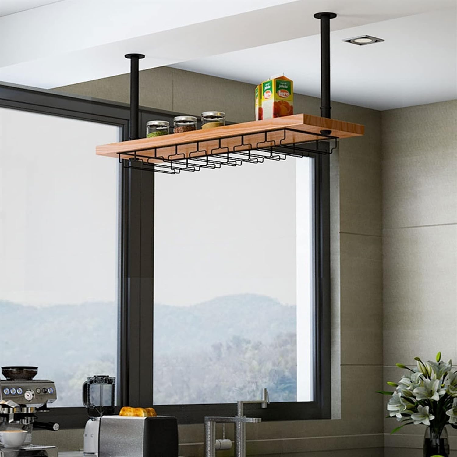 Wine Rack,Rustic Solid Wood Industrial Hanging Wine Glass & Bottle Rack for Home Decor，（100 * 25 * 35cm）