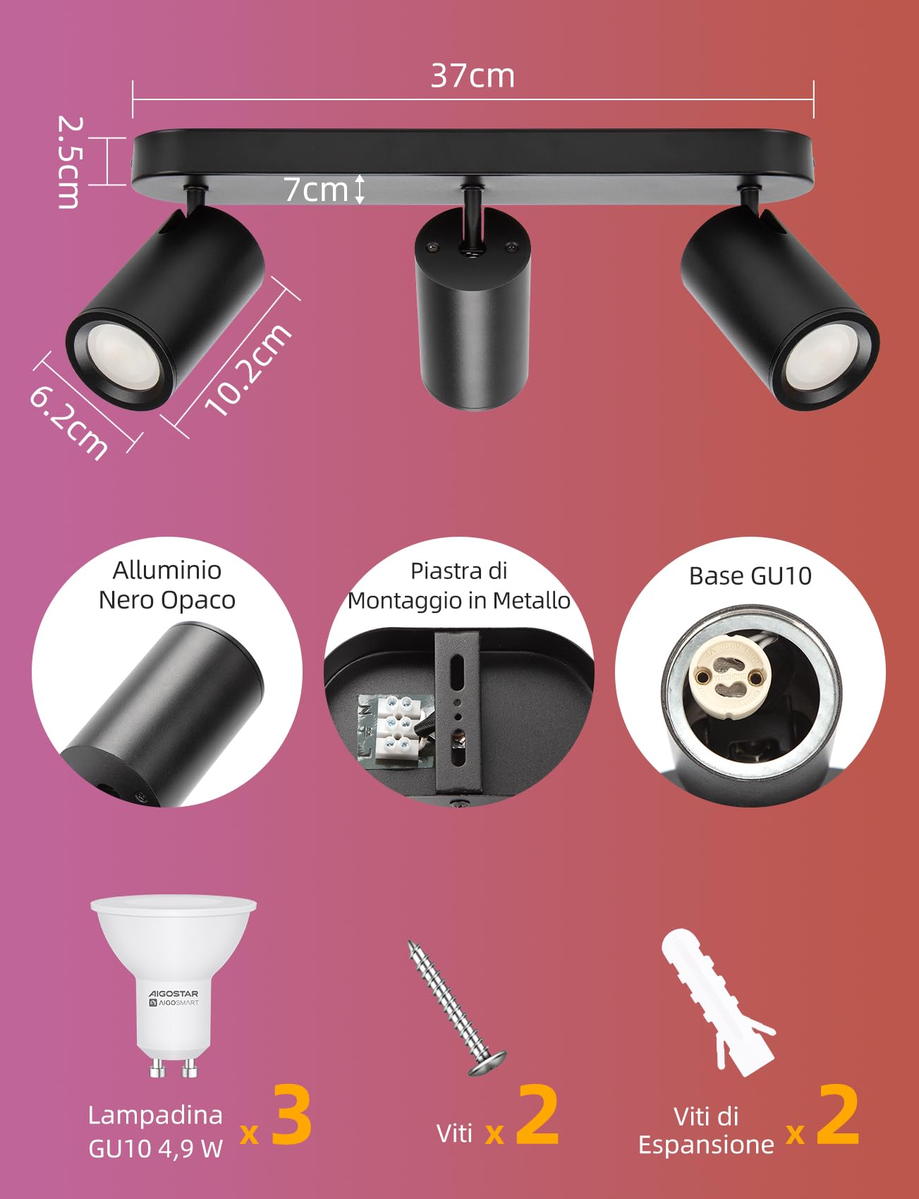 Aigostar Faretti da Soffitto Orientabili Intelligente LED Compatibile con Alexa Bluetooth Mesh, Plafoniera Dimmerabile RGB+CCT 2700K-6500K, GU10 4.9W Faretto da Parete 3 Luci per Soggiorno Cucina