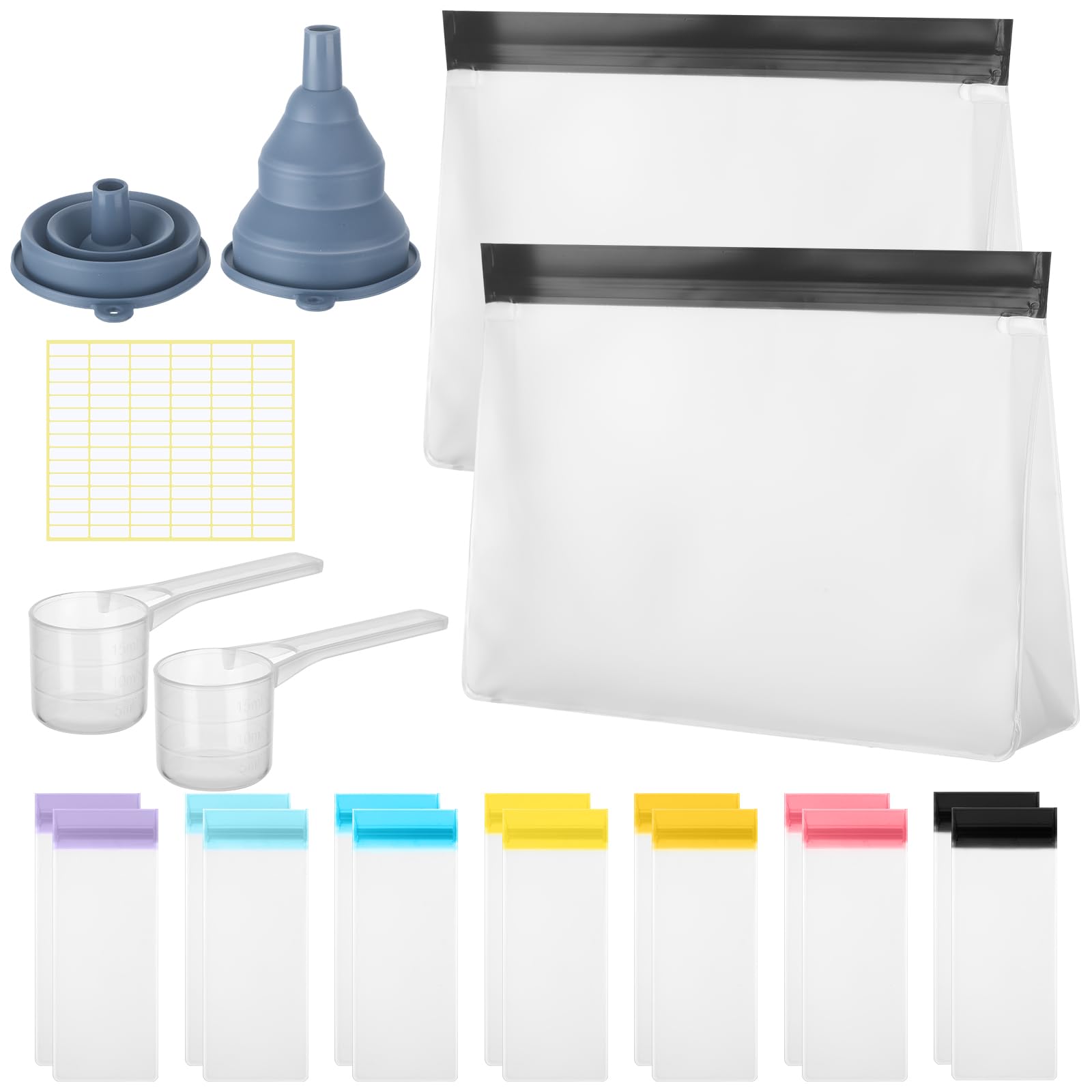 Cosblank 21 Pcs Protein Powder Travel Container Set Single Dose Reusable Powder Supplement Packets Portable Travel Organizer Zip up Bags with Funnels, Spoons and Sheet Labels