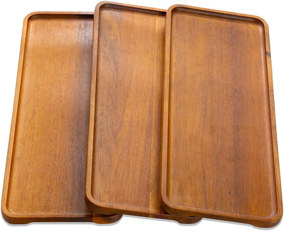 3 Pcs Acacia Wood Serving Platters Appetizer Serving Tray 14.17x5.5 Inch, Acacia Wood Serving Plates Trays for Cheese Meat Appetizer Charcuterie Individual Servings Entertaining