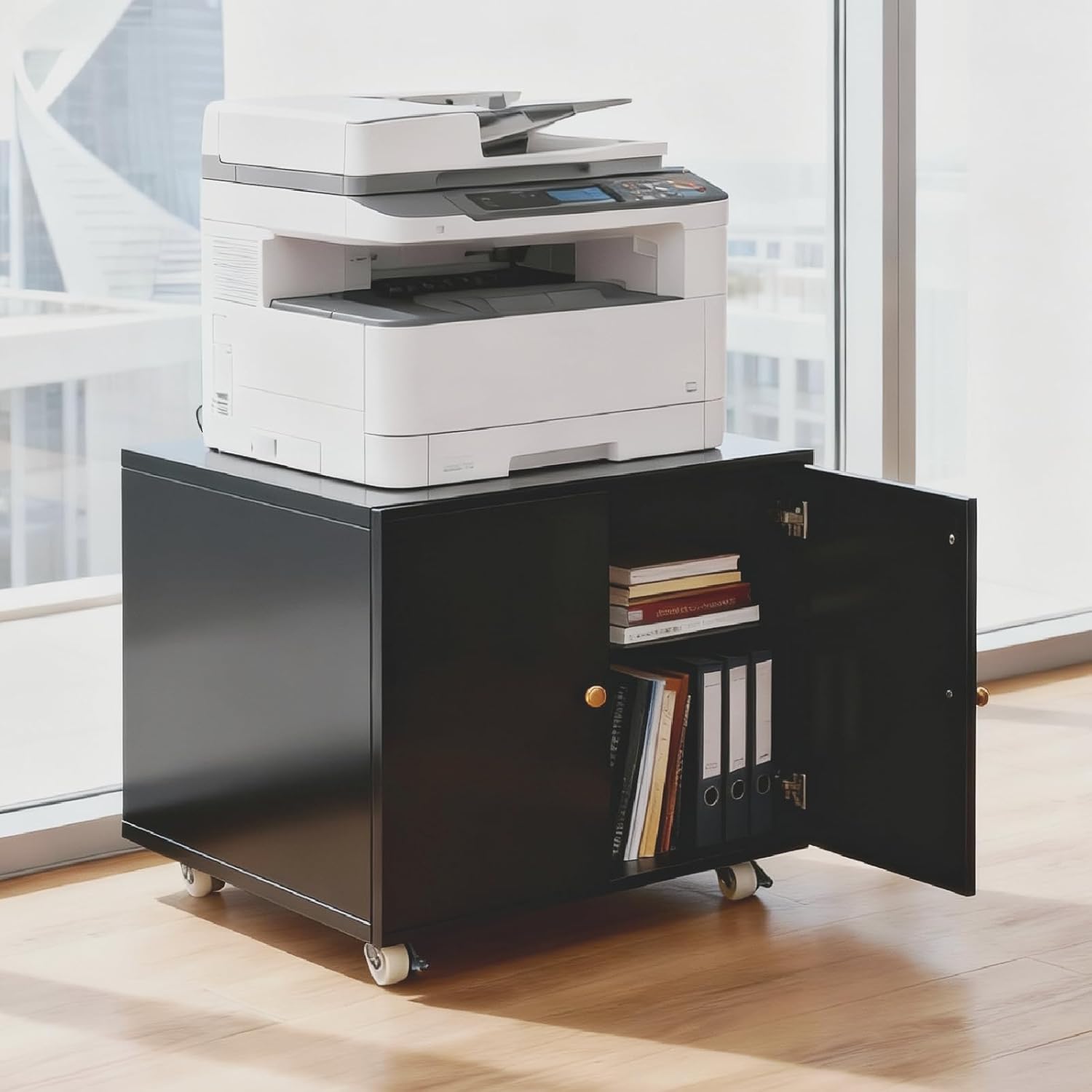Printer Stand with Storage,Rolling Printer Cart with Cabinet, 17.72" Height Mobile Printer Stand with Wheels,Compact Printer Table Organizer for Home Office, Black