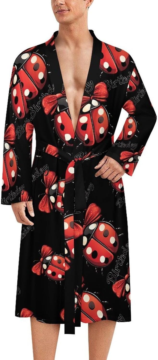 Birthday Lady Bug Men's Robe Soft Bathrobe V Neck Loungewear Sleepwear Nightgown Dressing Gown