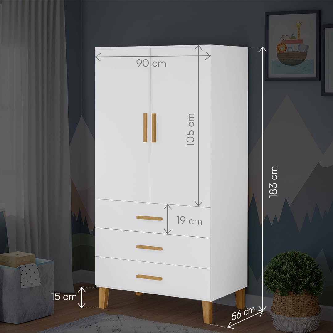 Bellabino Liri Kinderkleiderschrank – Kleiderschrank Kinderzimmer 2-türig mit 3 Schubladen in Weiß/Natur – Babyzimmer Schrank für Mädchen & Jungen – 183 x 56 x 90 cm (HxTxB)
