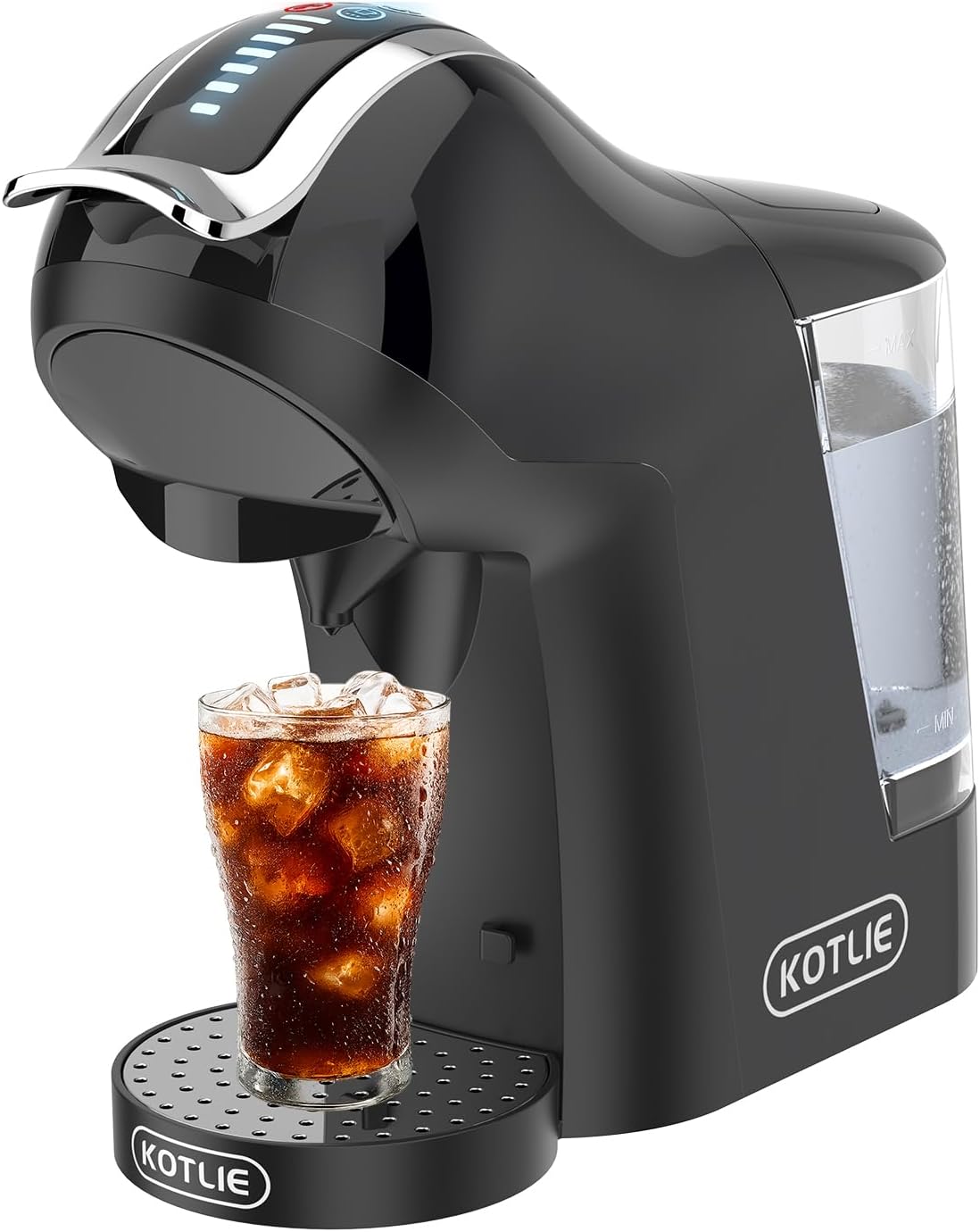 KOTLIE Single Cup Coffee Maker in glossy black, brewing iced coffee into a glass.