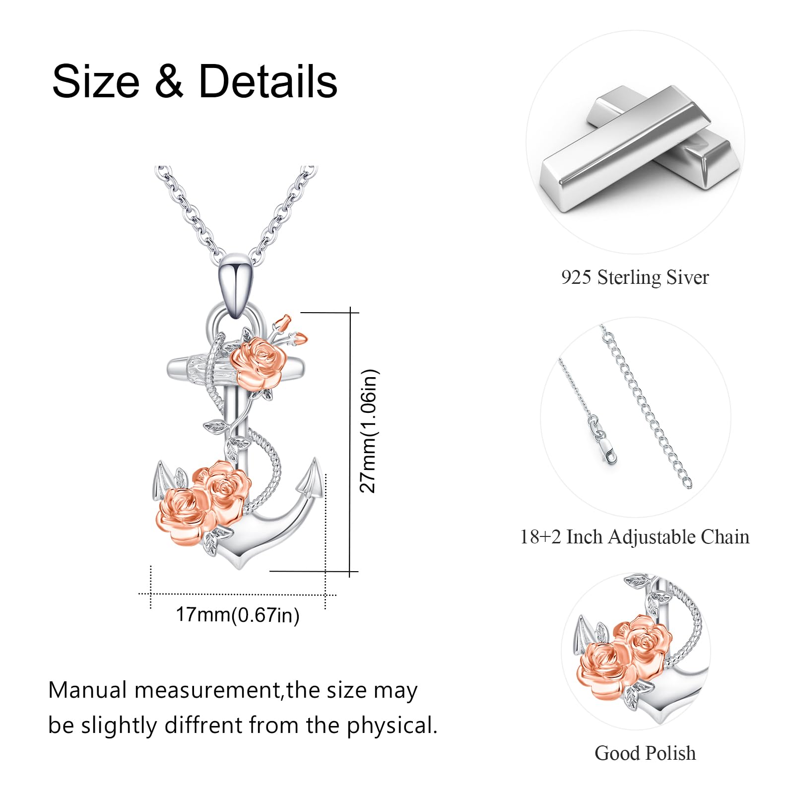 OHAYOO Anker kette für Damen 925 Silber Anker Anhänger Halskette Anker Schmuck Sets Anker Verflochten Mit Rosen Anker Halskette Schmuck für Damen