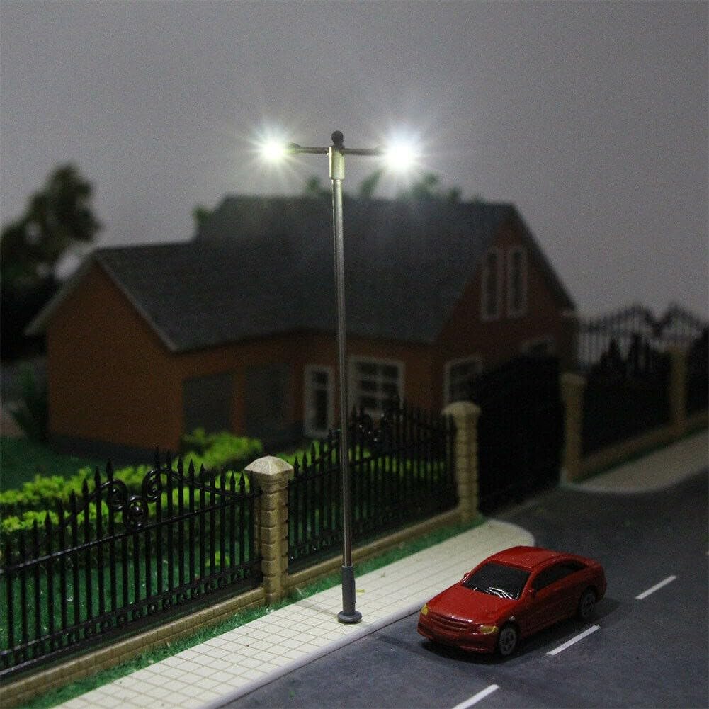 10Pcs Model Railway Led Lamppost Lamps, Adjustable Height LED Double Whip Lamps For H0 00 Street Light, Lamppost Lamps For Rail & Building Layout, Miniatures Sand Table Accessories
