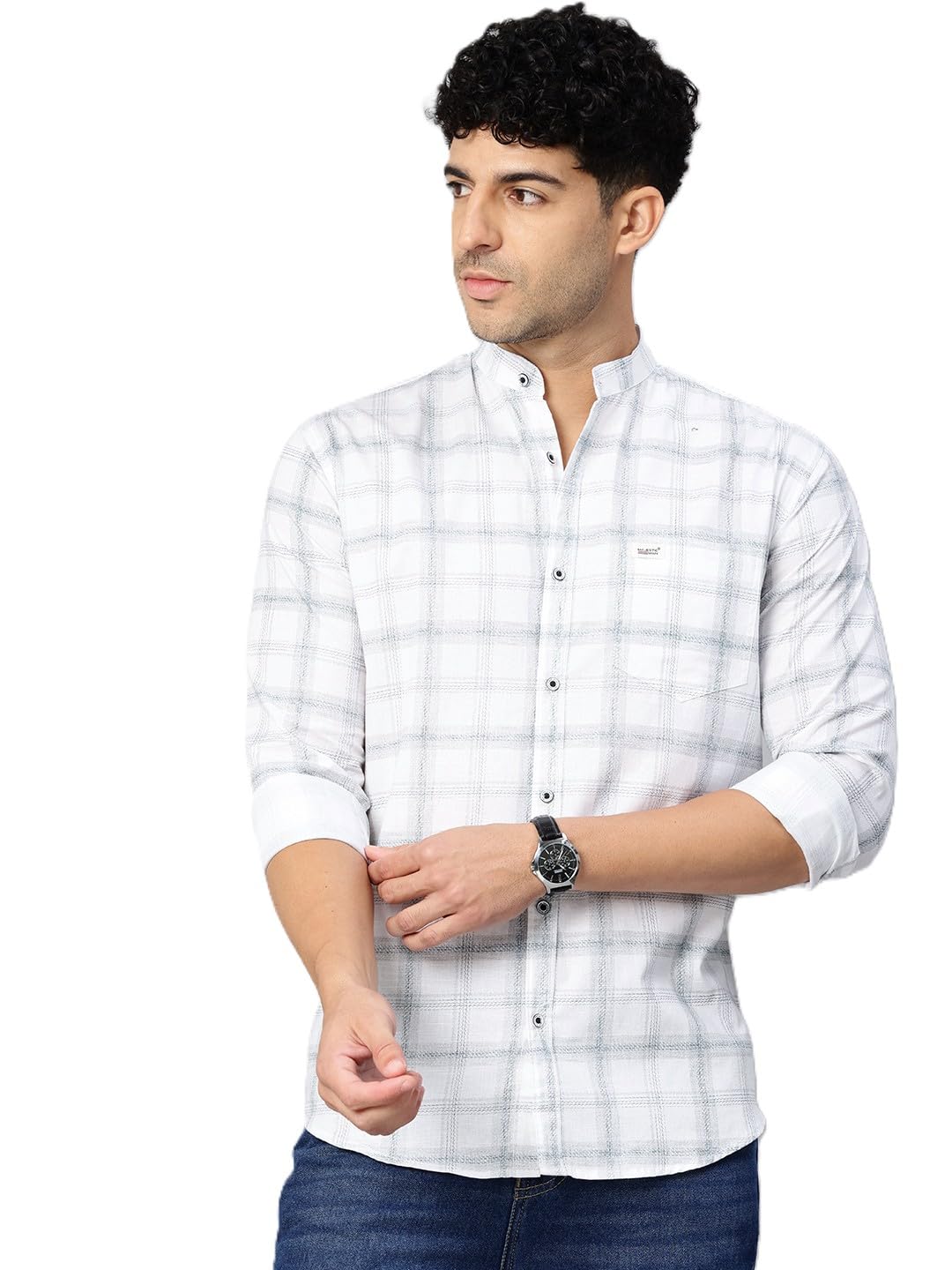 majestic man Men’s Pure Cotton Checked Mandarin Collar Slim Fit Casual Shirt-picture-21