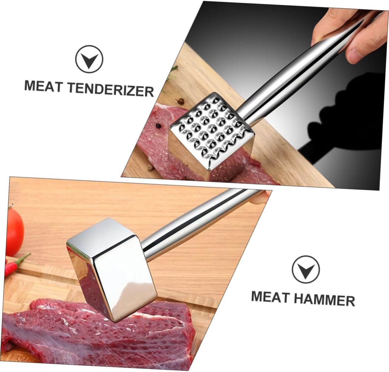 Stainless Steel Meat Pounder Hammer for Beef Pork Chicken Ergonomic Handle Rust-resistant Polished Kitchen Mallet Tenderizer Tool with Hanging for Easy Storage
