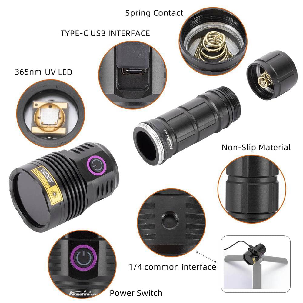 Alonefire SV47 12W 365nm UV Flashlight USB Rechargeable Long Range Ultraviolet Black Light Pet Urine Detector for Resin Curing, Fishing, Scorpion, Minerals with UV Protective Glasses, Battery Included