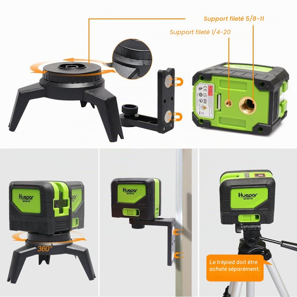 Huepar Niveau Laser Croix Vert avec 2 Points Laser, DIY Ligne Laser