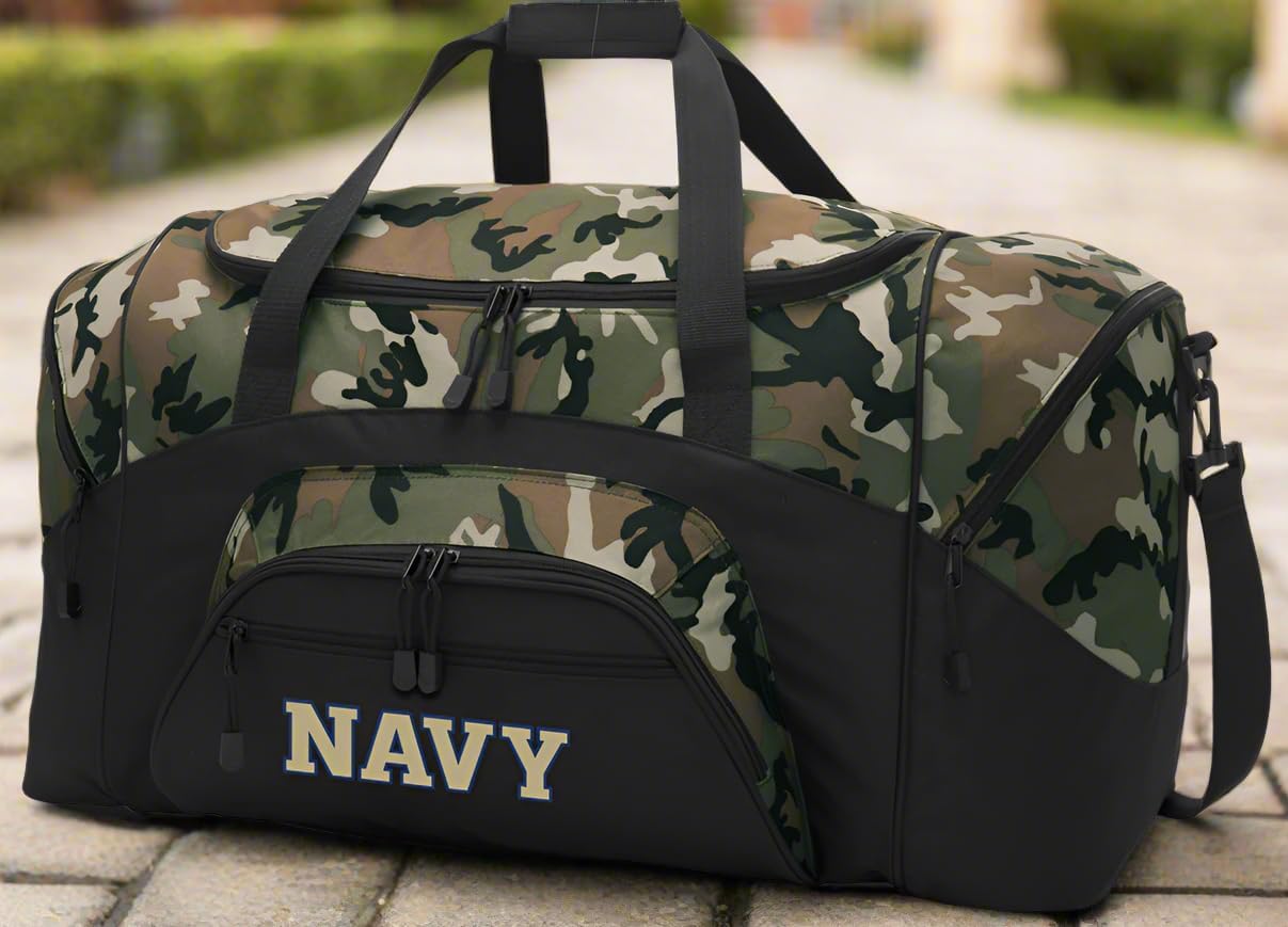 Naval Academy Camo Duffel Bag Suitcase - Large USNA Duffle or Gear Bag Navy Logo Travel Luggage (Camo)