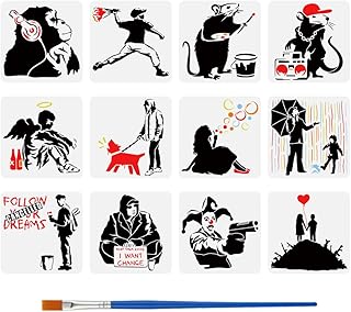 FINGERINSPIRE 12 Pcs Banksy Drawing Stencil with Paint Brush 11.8x11.8inch Banksy Girl Boy Man Angels Clown Chimpanzees Rats Painting Template Banksy Theme Stencil for Painting on Wood Wall Furniture