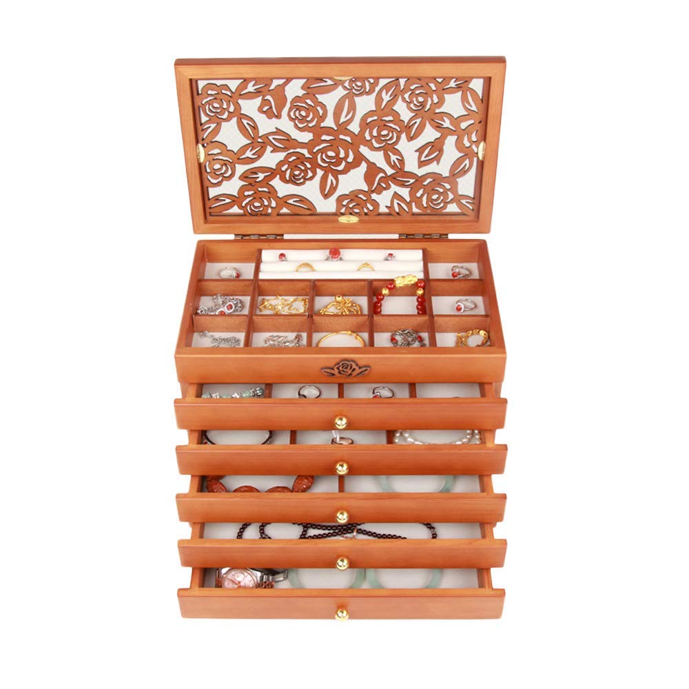 XBTGS Luxuriöse Holz-Schmuckschatulle für Uhren, Ringe, Armbänder, Halsketten, Manschettenknöpfe, Schmuckschrank mit 6 Ebenen, 5 Schubladen, Unisex-Geschenk-Box, groß, transparent, Showca,