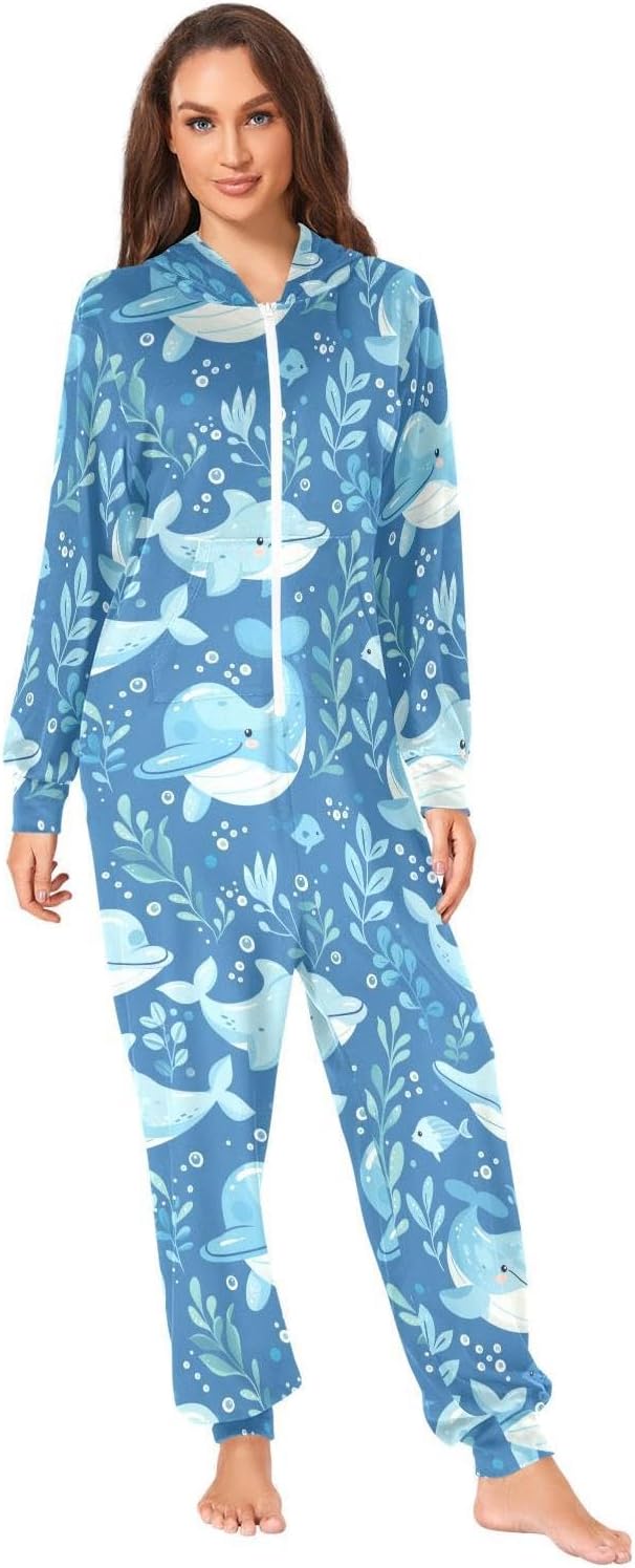 ZZKKO Cute Dolphin Seaweed Adult Onesie Pajamas for Women Men Cozy One Piece Pajamas Costume Zip-Up Hooded S-XL