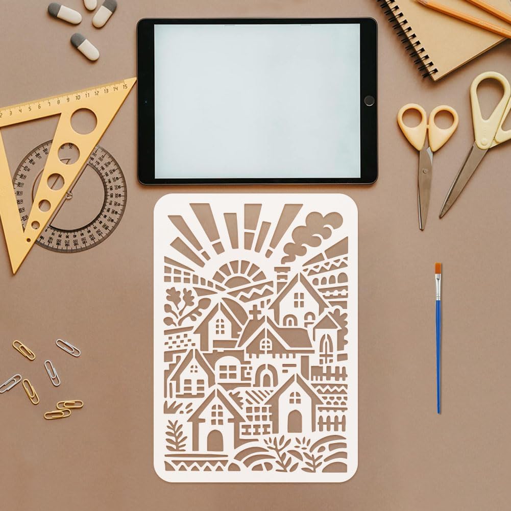 FINGERINSPIRE House Painting Stencils 8.3x11.7inch with a Brush Countryside Scenery Stencil A4 House and Sun Reusable Drawing Template for DIY Wood Furniture Canvas Wall Fabric Decor Craft Projects