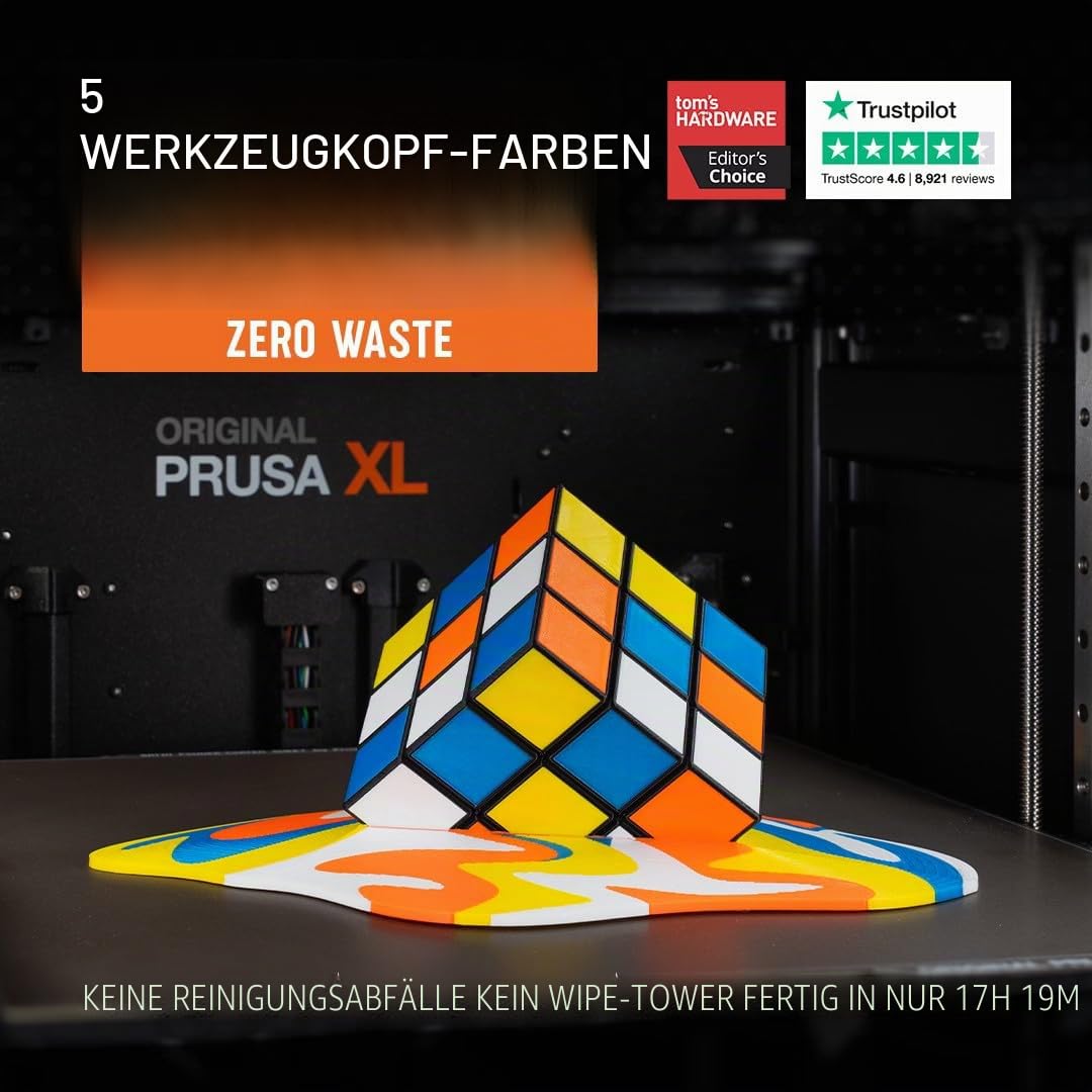 ORIGINAL PRUSA XL zusammengebaut | 5 Druckköpfe | CoreXY 3D-Drucker | 36×36×36 cm Druckvolumen | Inkl. satiniertes Blech & 1 kg Schwarze Prusament PLA Spule