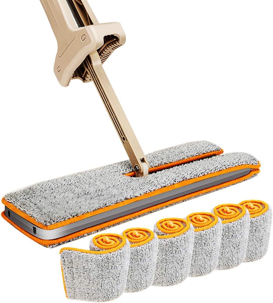 Double Sided Lazy Mop, Microfiber Flat Mop, 360 Spin and Automatic Squeeze 13 Inch (33cm) Cloth Mop for Cleaning Corner, Bathroom, Kitchen, Tile and Hardwood Floor (Total of 6 Microfiber Mop Pads)