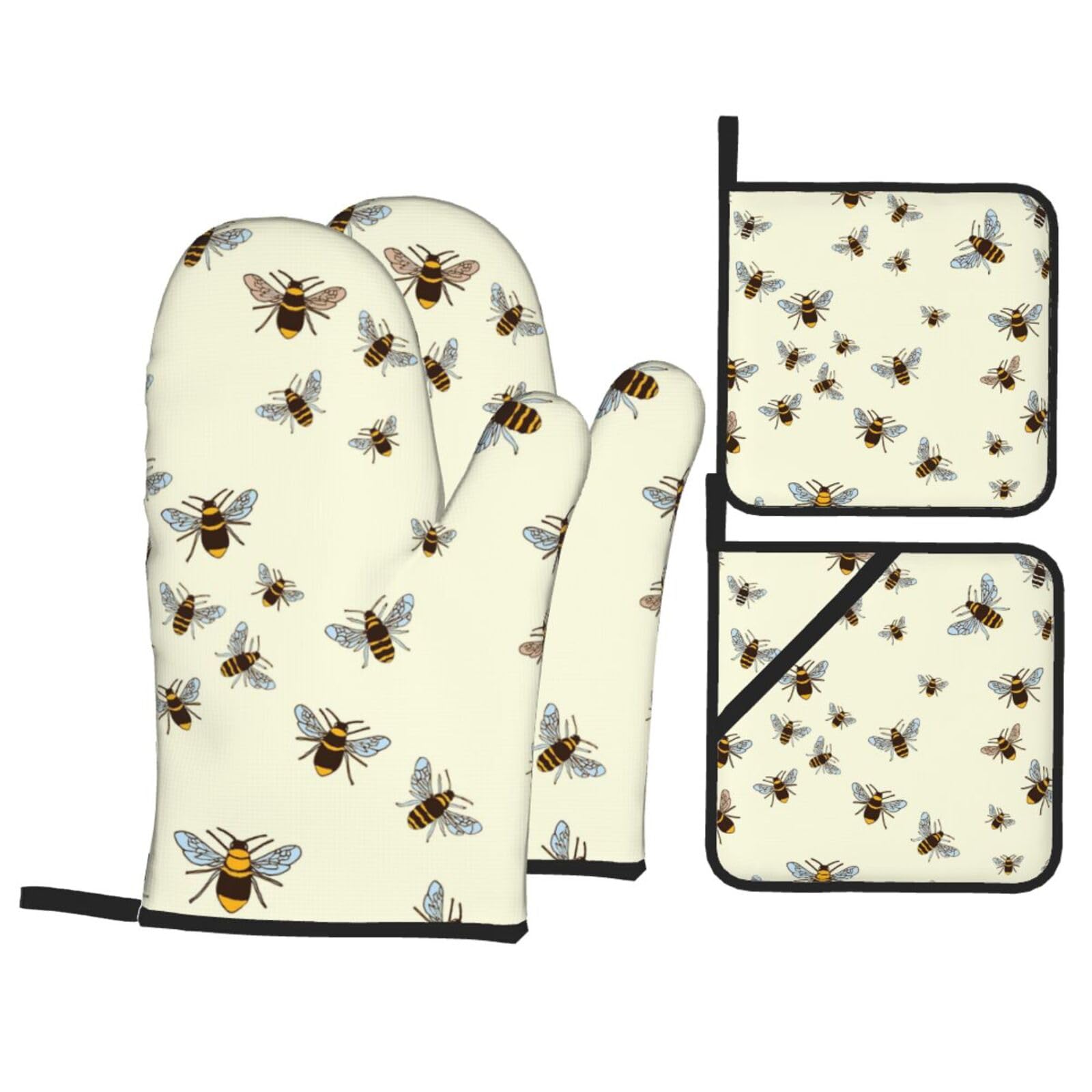Bee Print Stylish Heat-Resistant Oven 4-Piece Set Kitchen Gloves Roasting Daily Cooking