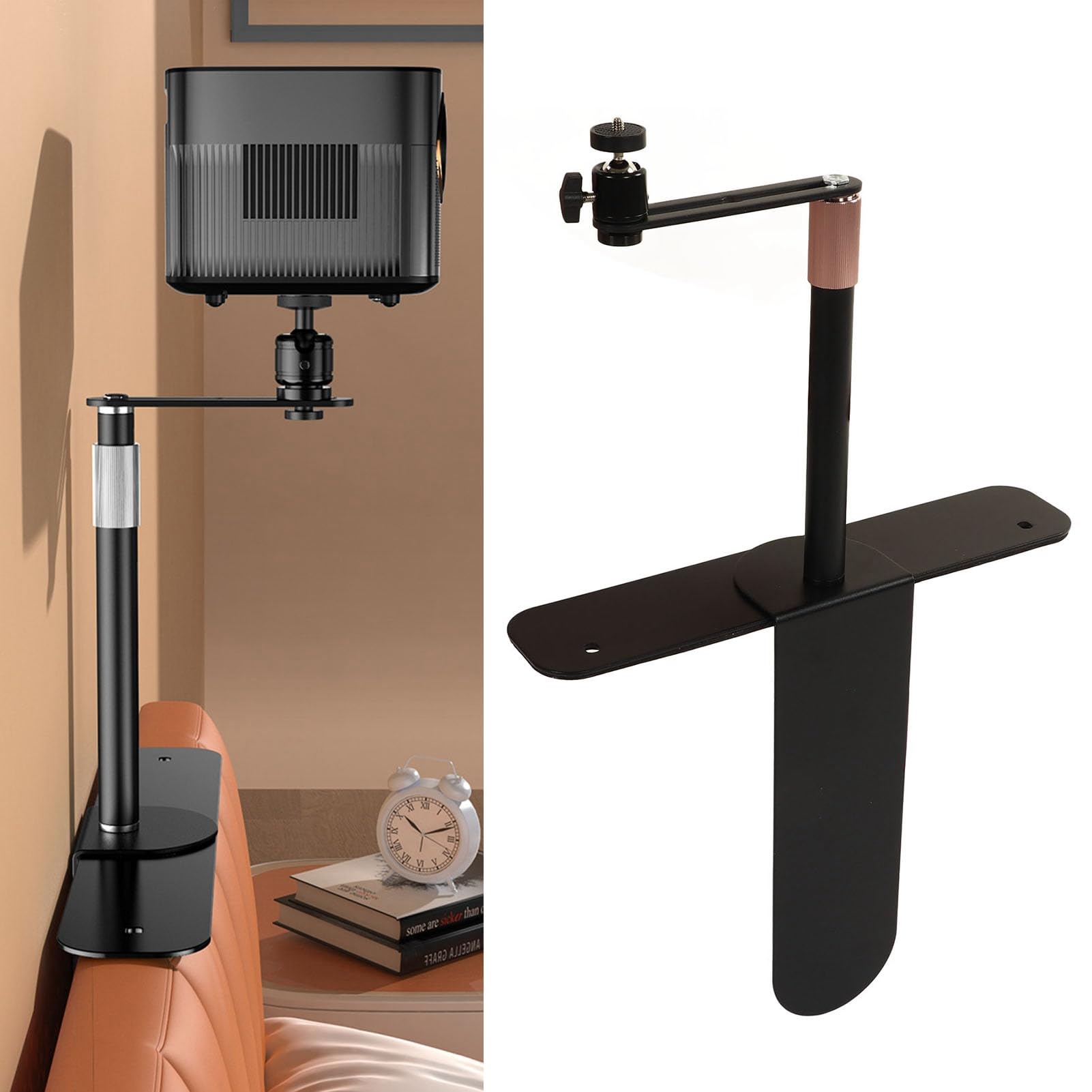 BORDSTRACT Supporto Per Proiettore Regolabile, Prolungamento Proiettore con Filettatura 1/4 Pollice, Rotazione 360° Inclinazione 90°, Supporto Proiettore Letto Testiera Soffitto Divano(Nero)