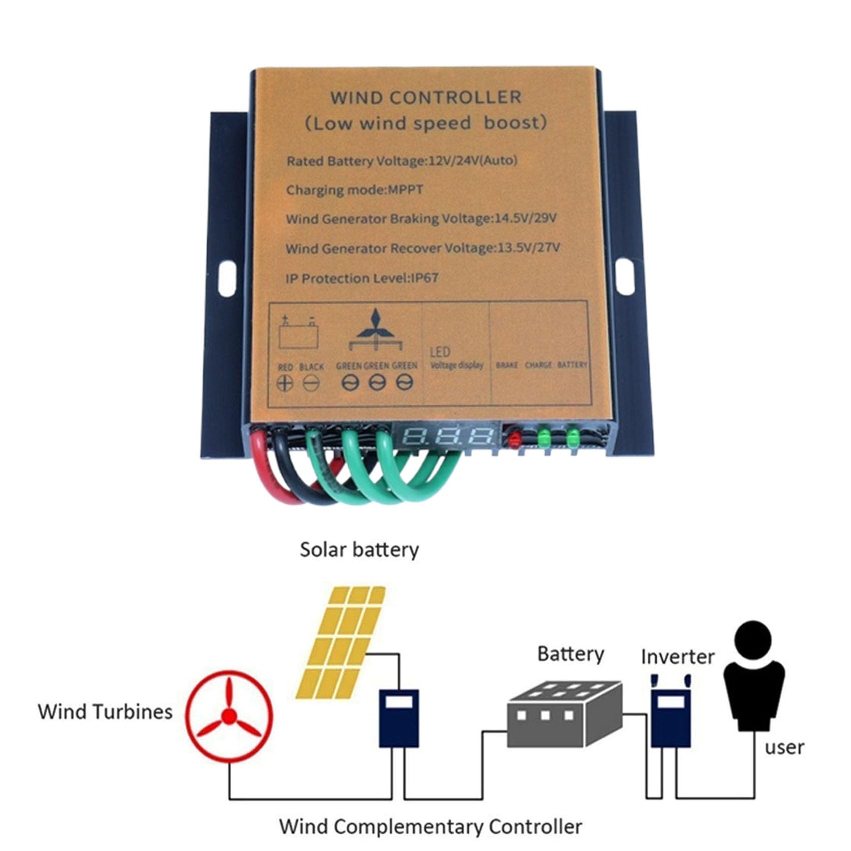 Regulator ładowania wiatrowego o niskiej prędkości rozruchu, 12V/24V z automatycznym wyświetlaczem LCD do systemu generatora wiatrowego 100W-9000W