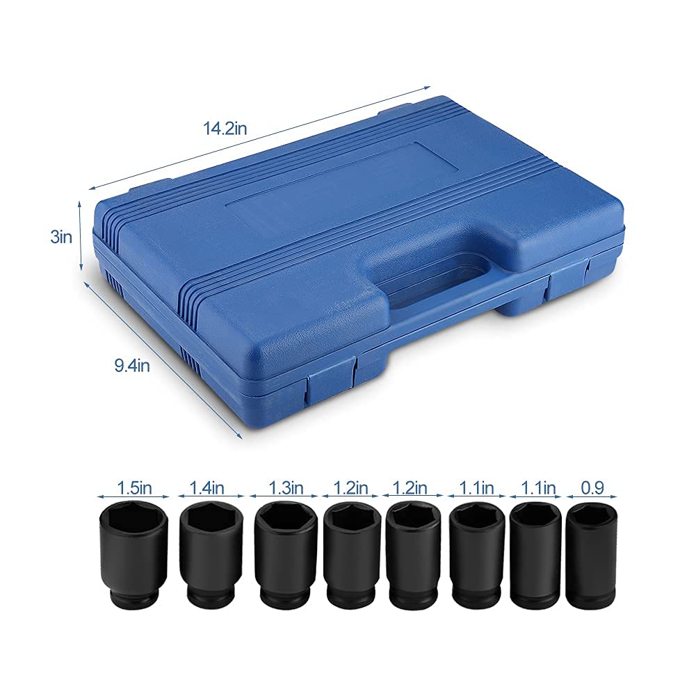 Juego de Vasos de Impacto Profundo Drive de 8 Piezas de 3/4 de Pulgada, Llaves de Vaso de Impacto 24-38 mm Juego de Insertos de Llave de Tubo de Impacto Hexagon Drive deep Impact con Caja
