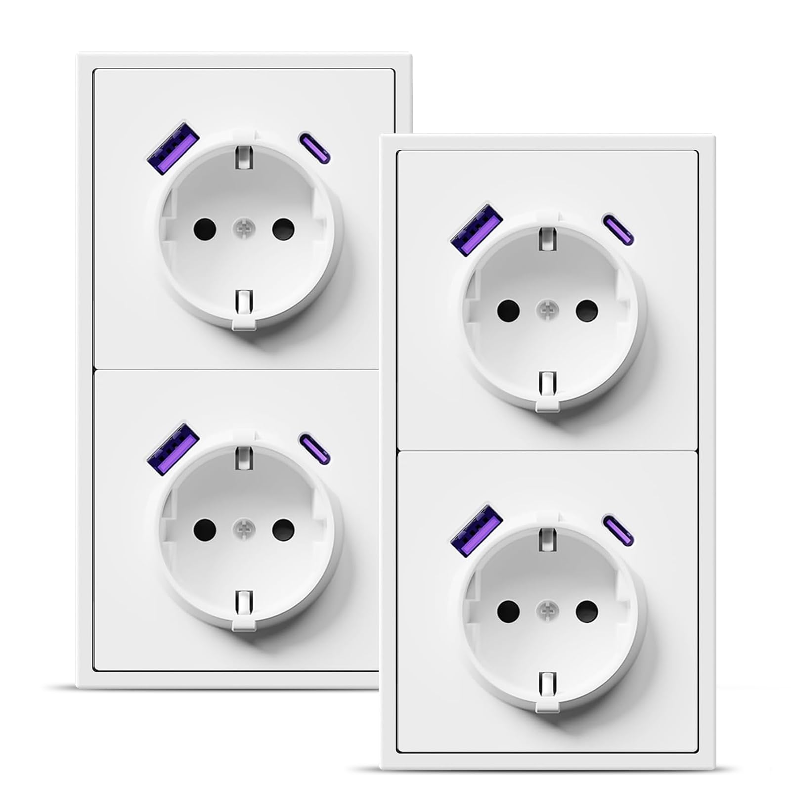 BSEED Schuko Doppelsteckdose Unterputz mit USB C 20W, Wandsteckdose 16Amp mit PC Rahmen, Zweifach Steckdose mit Krallen, 2 Fach Weiß-2 Pack