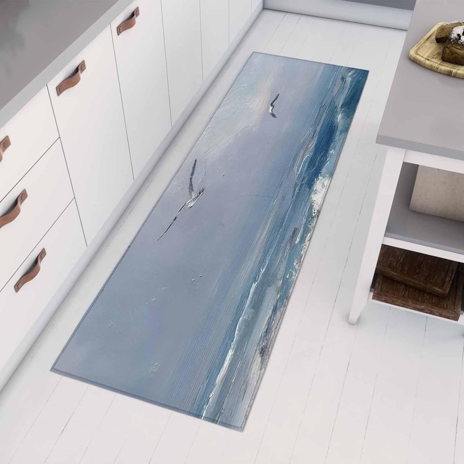 Teamery Kitchen Mats for Floor Coastal Seagulls Blue Crashing Waves Washable Non Slip Kitchen Rugs 1PCS, Rustic Seafoam Absorbent Standing Mats for Sink Bathroom Office Living Room 23.6x70.9in