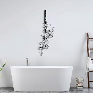 Flowers & Katana Metal Wall Art - Japanese Wall Decor for Living Room & Game Room, Gift for Japan Culture Lover (Black, 30 x 11 in / 76 x 29 cm)