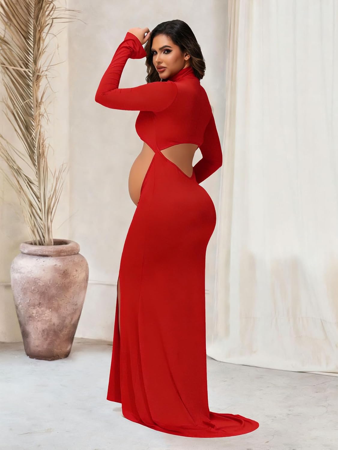 Women's Maternity Crossover Mock Neck Photoshoot Dress Split Mermaid Maxi Photography Gown for Baby Shower