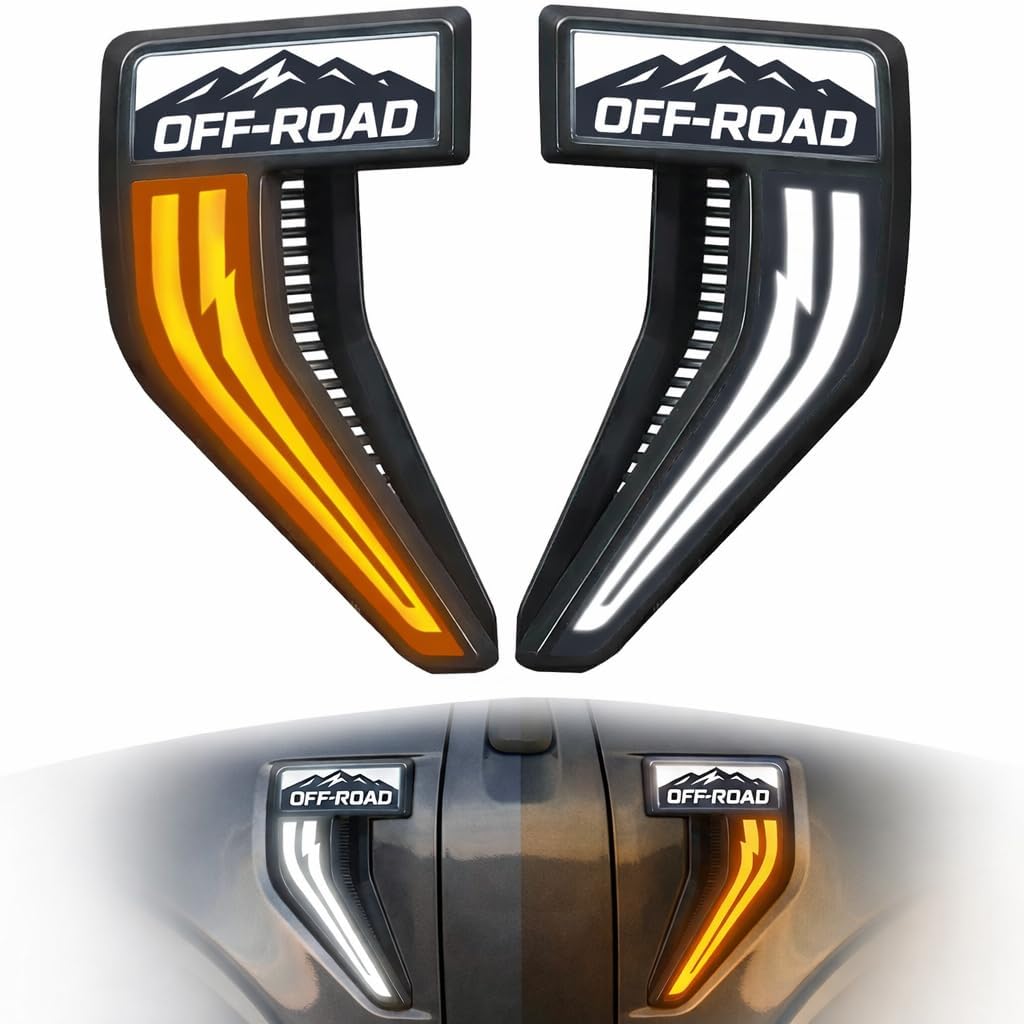 LED Fender Vent Lights for Ford F-150 2021-2025, Sequential Turn Signal & White DRL with Startup Animation, Smoked OFFROAD Mountain Style Side Vent Light, F150 Exterior Accessories (Pair)