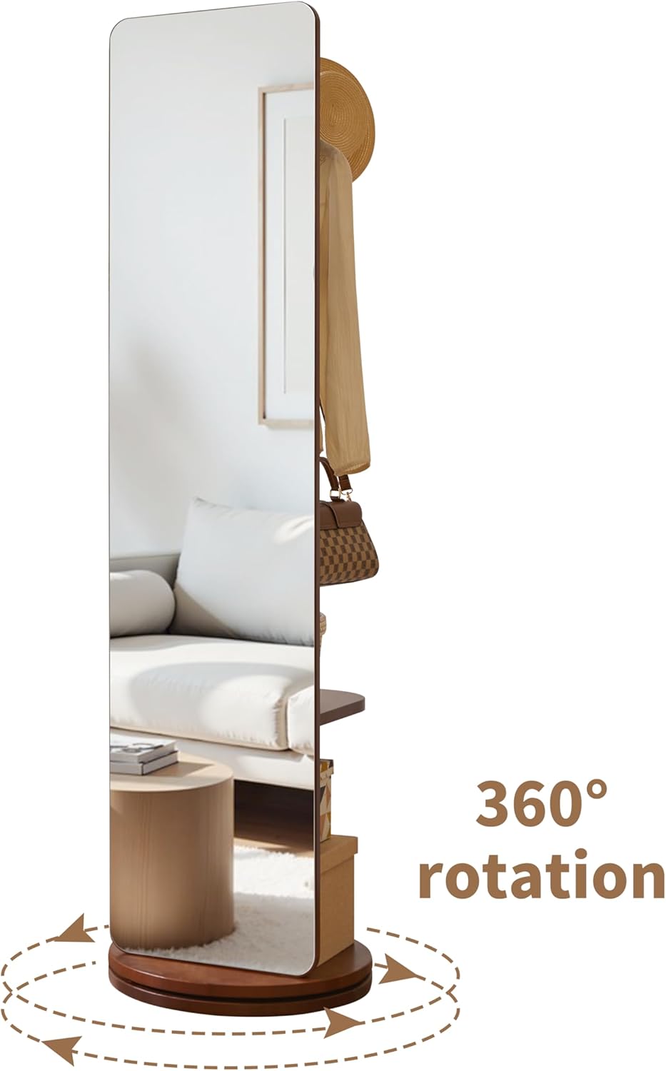 WoodsWhisper Full Length Mirror Coat Rack Solid Wood Floor Mirror 70"x19"Full Length Mirror with Stand,Living Room (Deep Walnut, 66" Lx12 W),Cloakroom