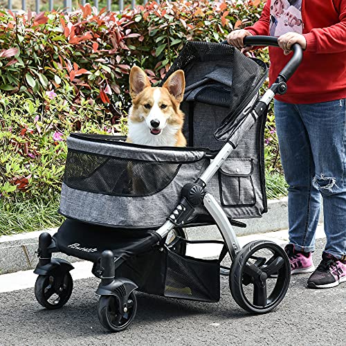 PawHut Pet Stroller Foldable Dog Cat Travel Carriage with Adjustable Handlebar PVC Wheel Brake Storage Bag Mesh Window… - Image 3